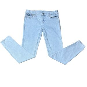 Womens True Religion Jeans Halle Light Blue Denim with Pink Stitching Size 28